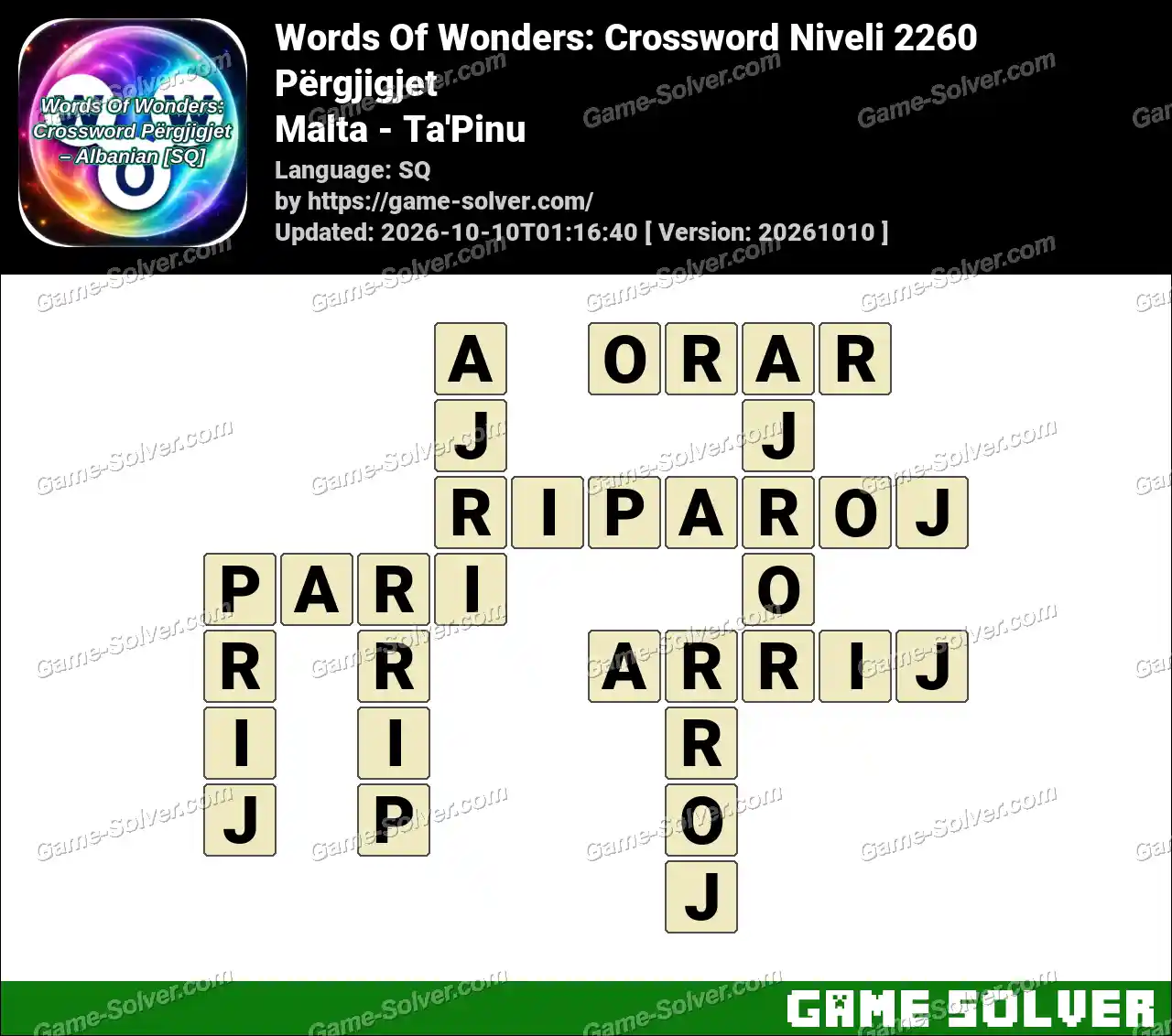 Words Of Wonders: Crossword Niveli 2260 Përgjigjet – Malta – Ta’Pinu